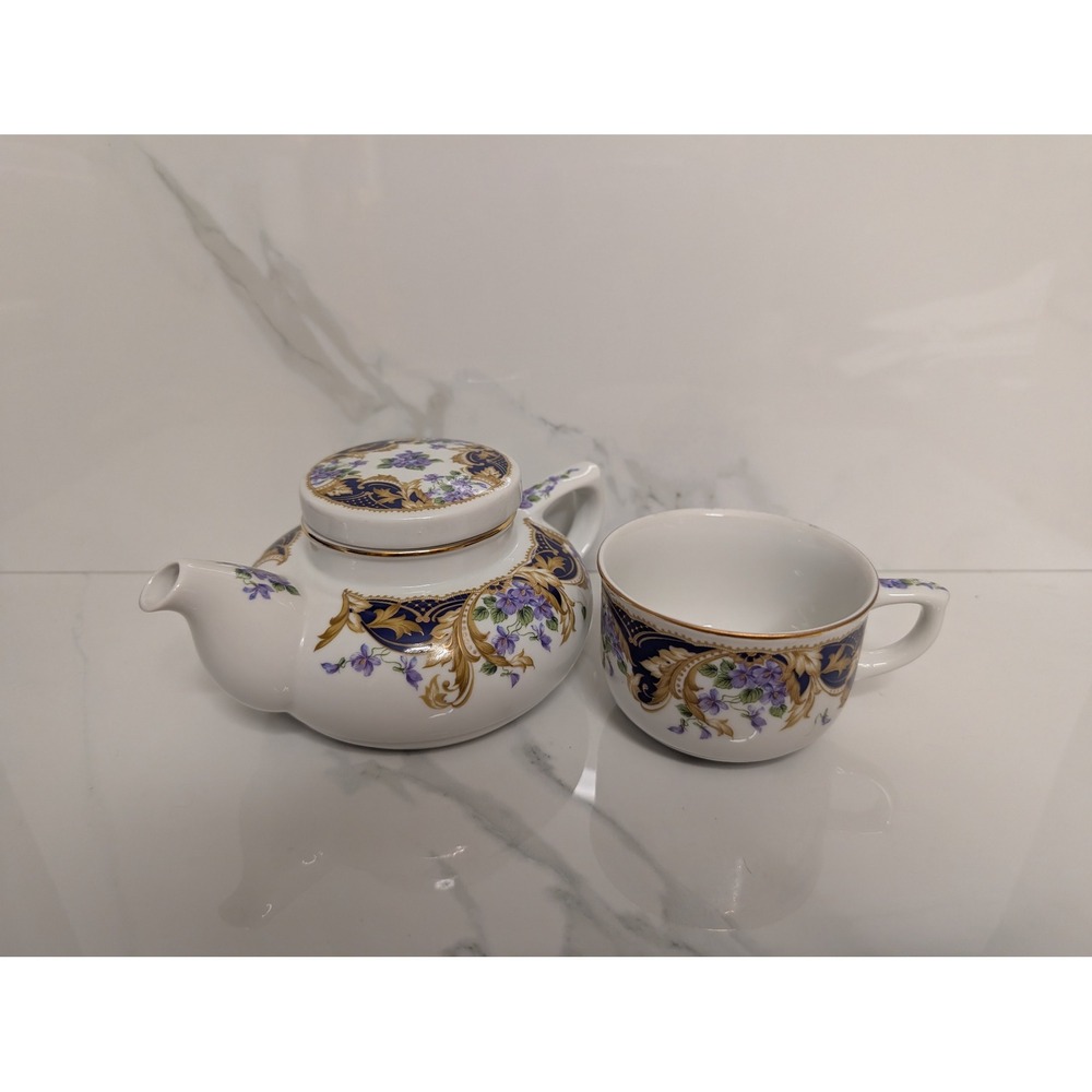 Andrea by Sadek Royal Violets Tea for One Set Porcelain Teapot Cup Japan Cobalt